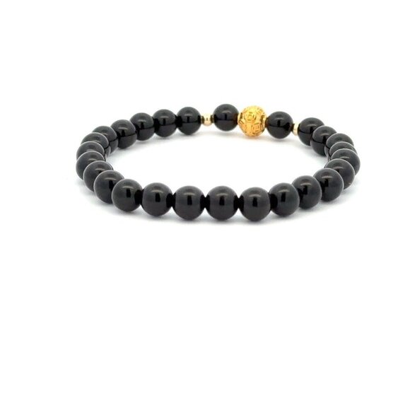 18K Gold Money Ball Lucky Charm Beads Bracelet Gemstones Obsidian 6mm - Picture 5 of 8